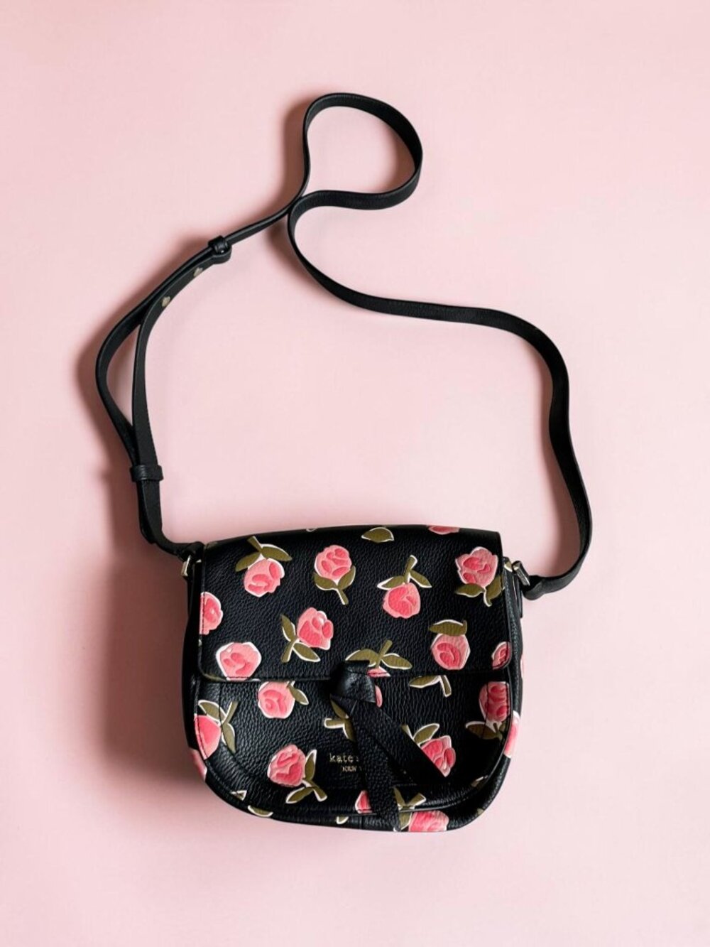 KATE SPADE Black Pink Rose Print Floral Crossbody Bag